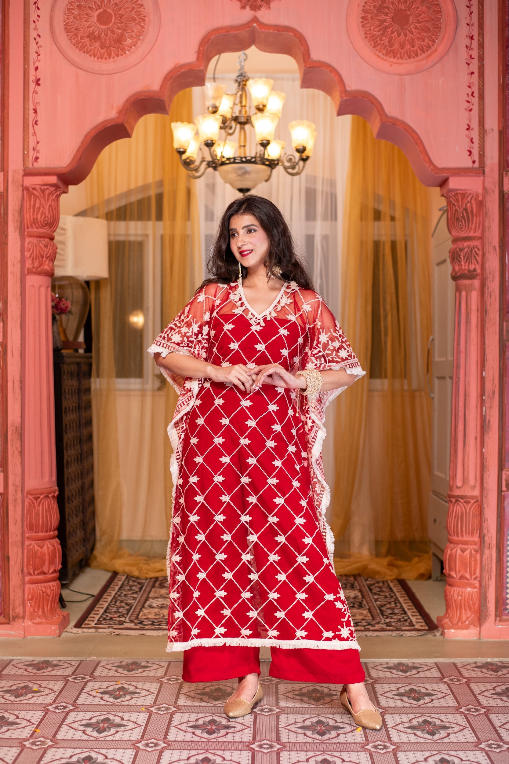 Women's Red Co-Ord Set With Kaftan