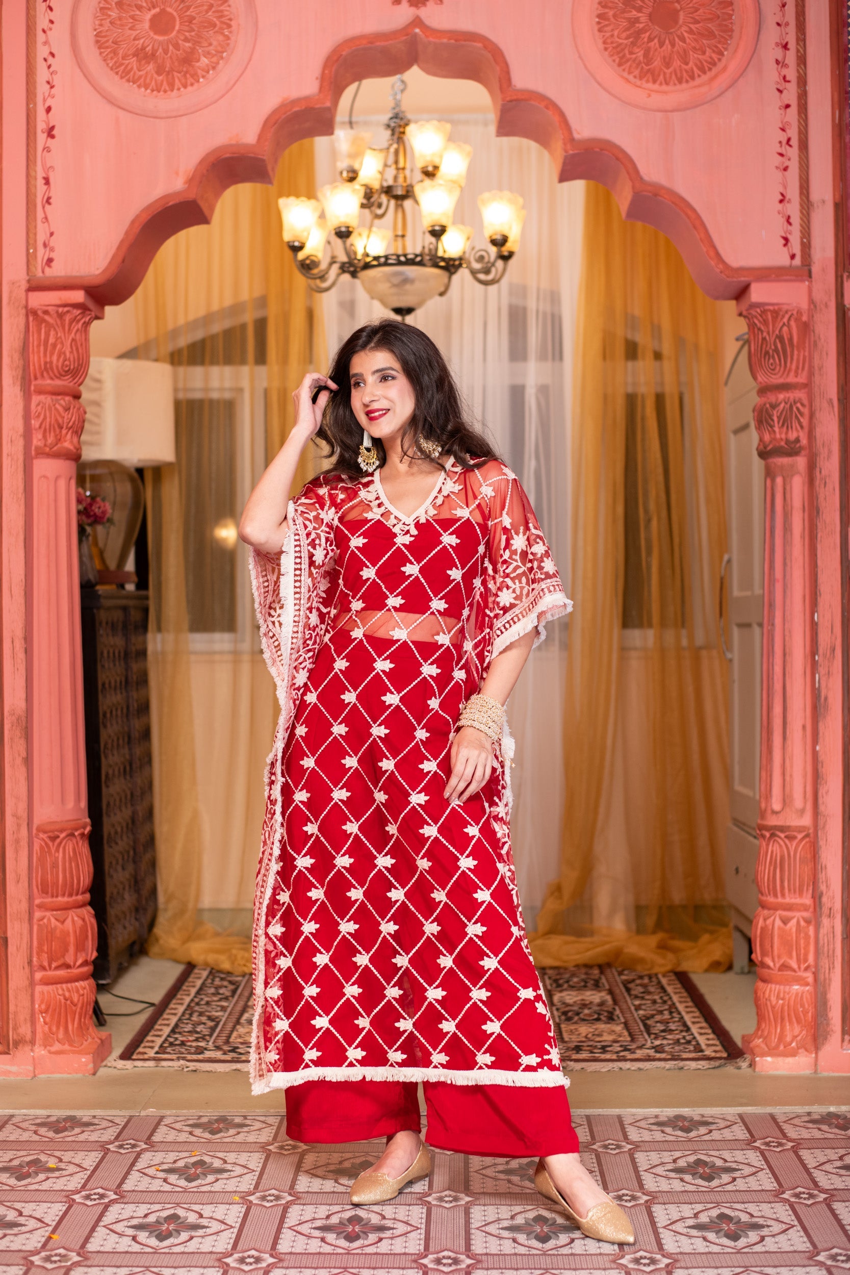 Women's Red Co-Ord Set With Kaftan