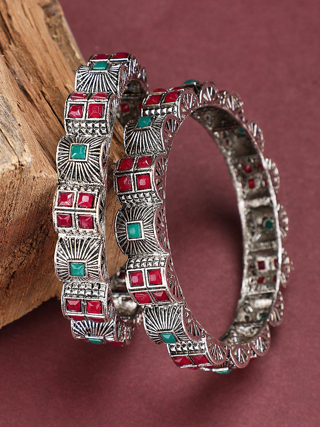 Women's Set of 2 Silver Oxidised Curved Designed Red and Green Stone Studded Bangles
