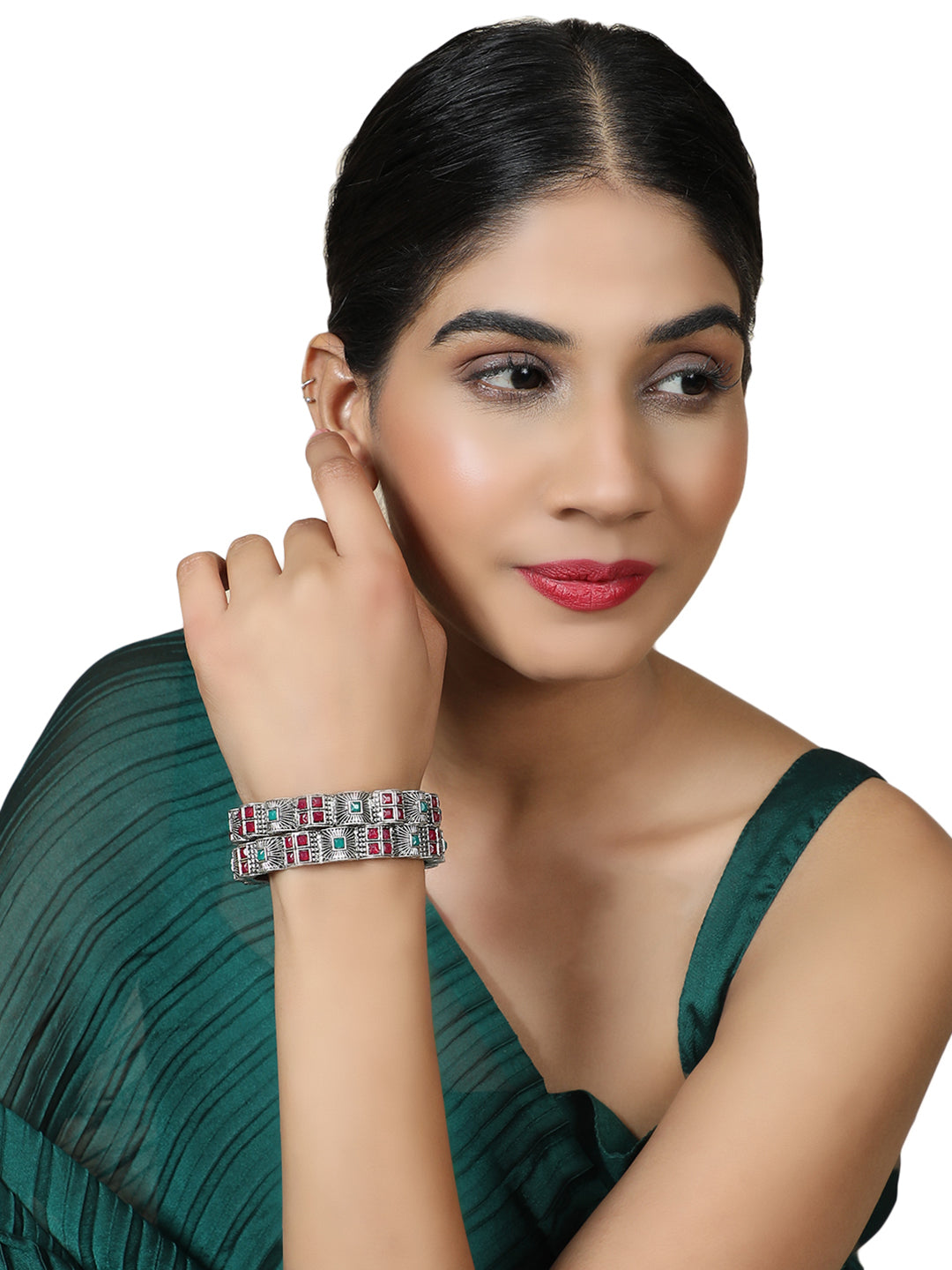 Women's Set of 2 Silver Oxidised Curved Designed Red and Green Stone Studded Bangles