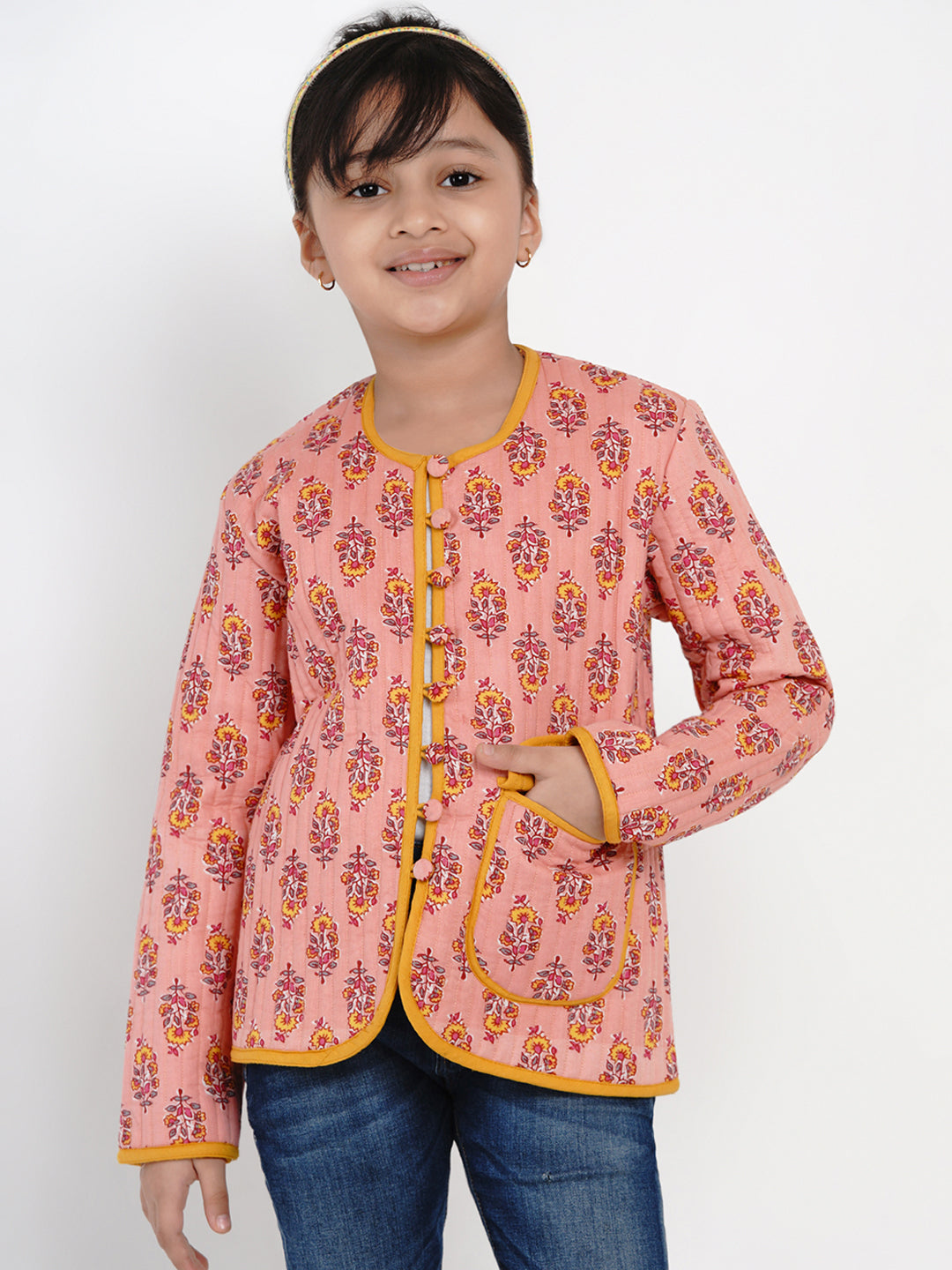 Girls Peach & Mustard Yellow Printed Open Front Jacket