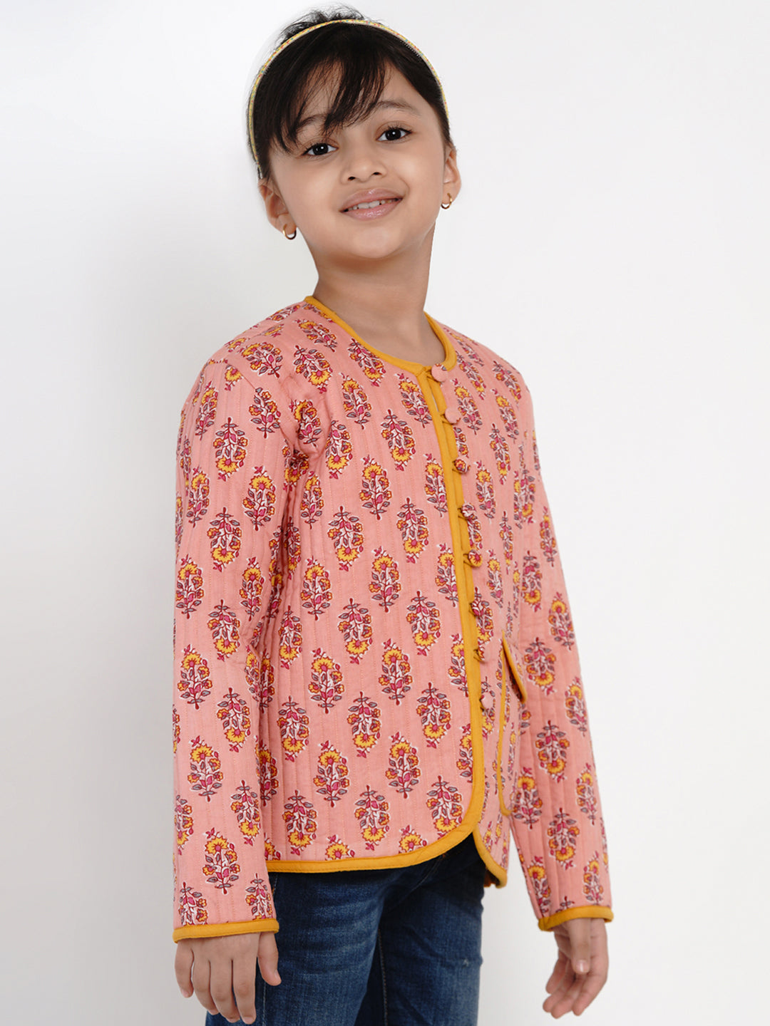 Girls Peach & Mustard Yellow Printed Open Front Jacket