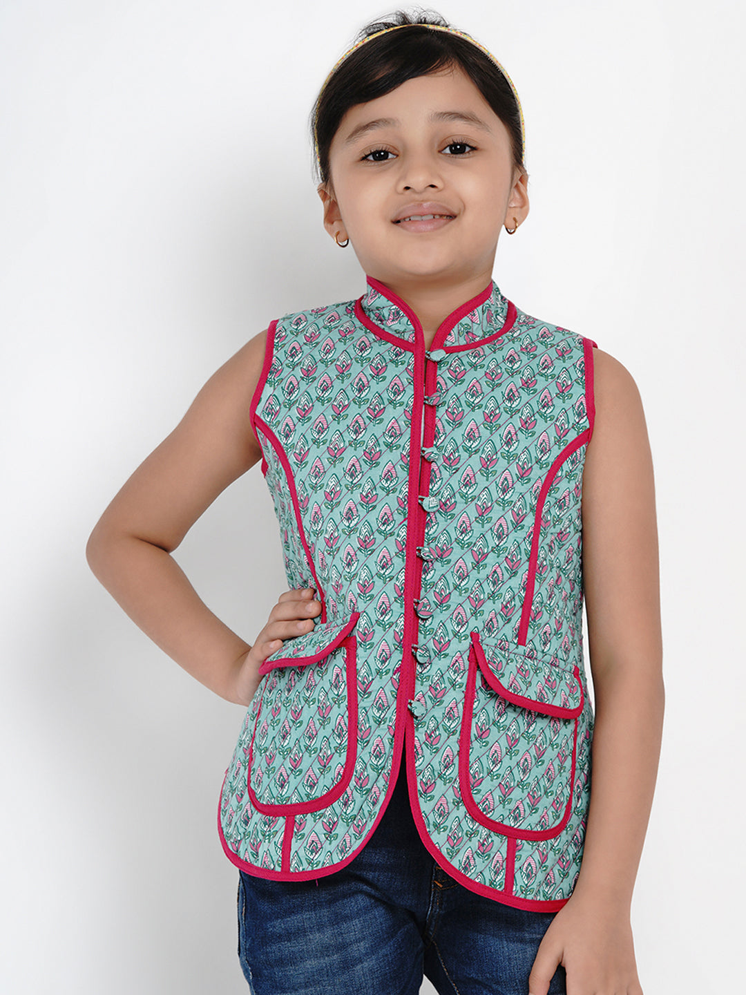 Girls Green & Pink Printed Tailored Jacket