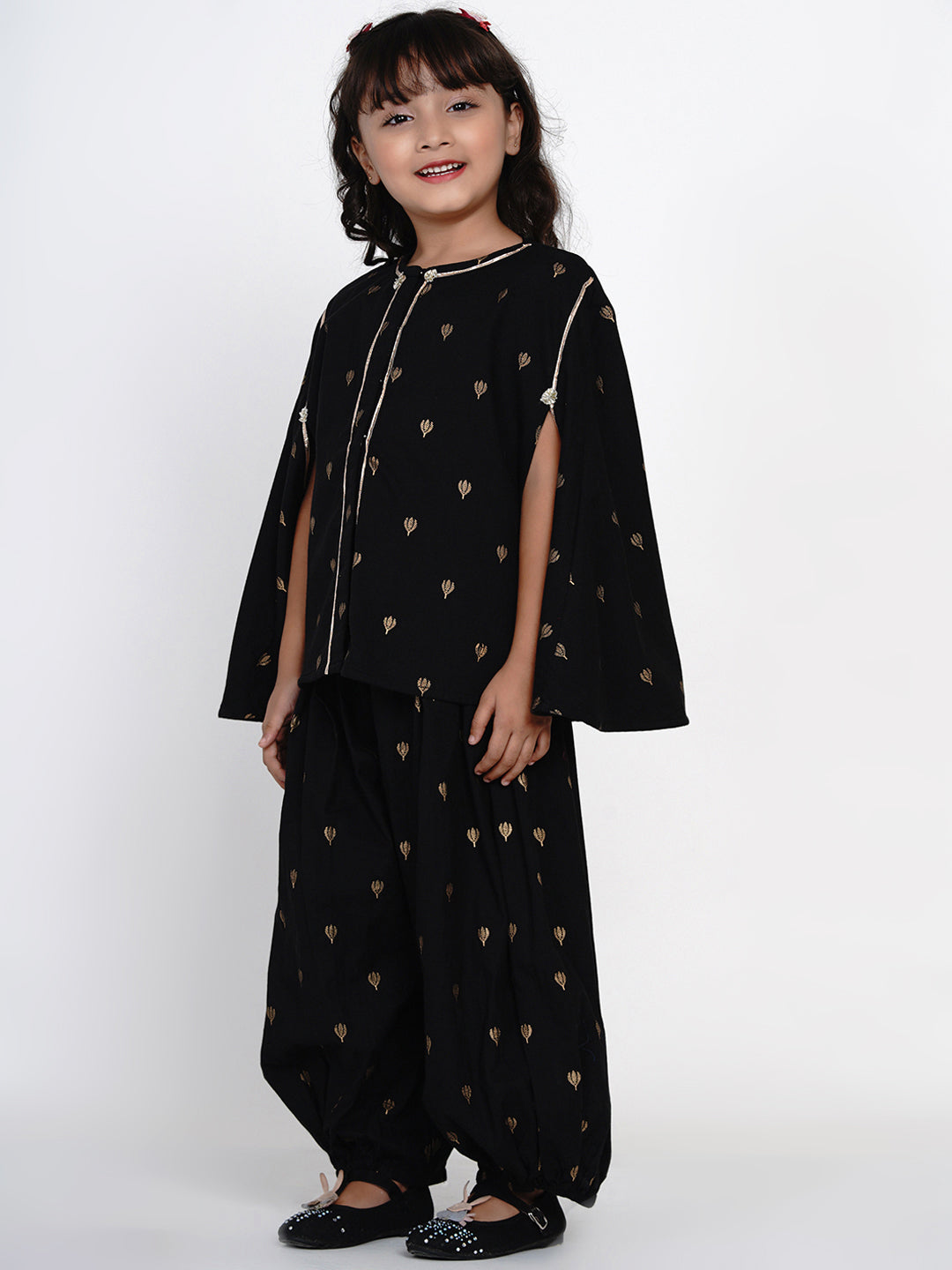 Girl's Black & Gold-Toned Self Design Tunic With Dhoti Pants