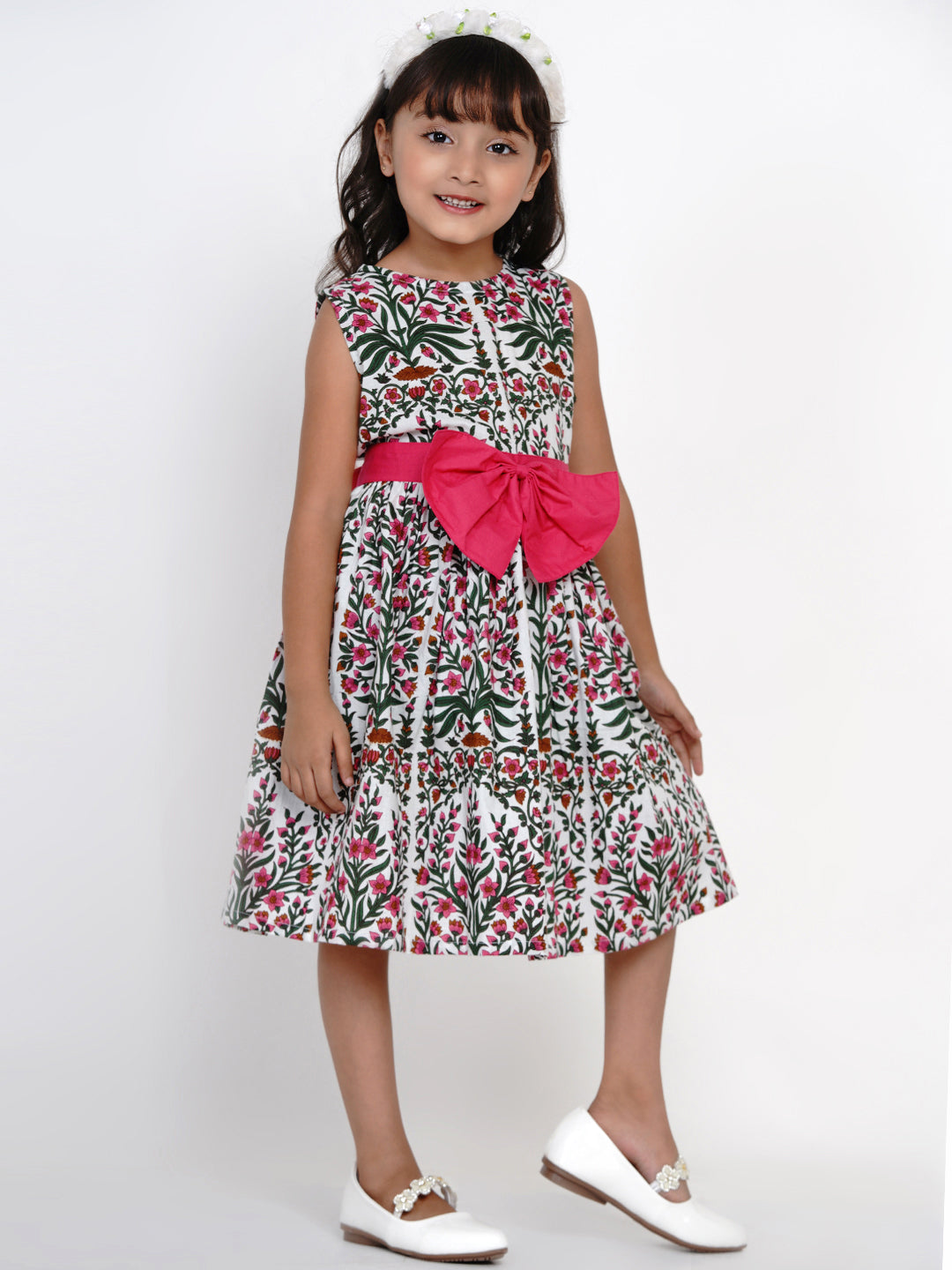Girl's White & Pink Printed Fit And Flare Dress