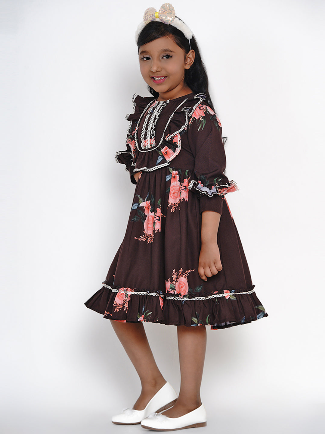 Girl's Black Floral Printed Crepe Fit And Flare Dress