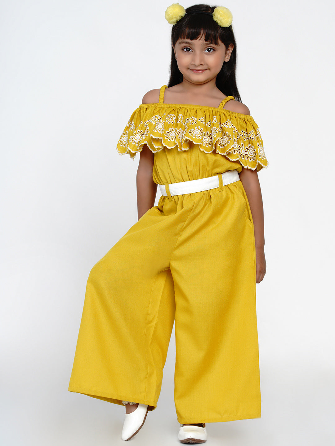 Girl's Mustard Cotton Ruffles Jumpsuit