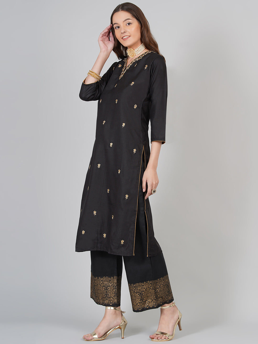 Women's Black And Beige Printed Kurta With Palazzos