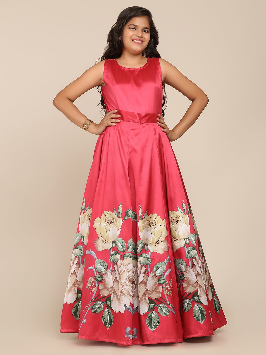 Girl's Coral Pink Digital Print Gown
