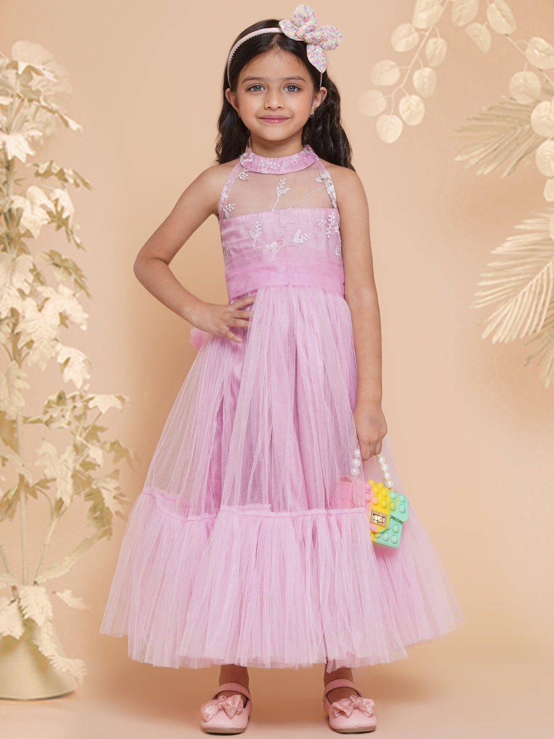Girl's Pink Net Floral Embroidered Gown