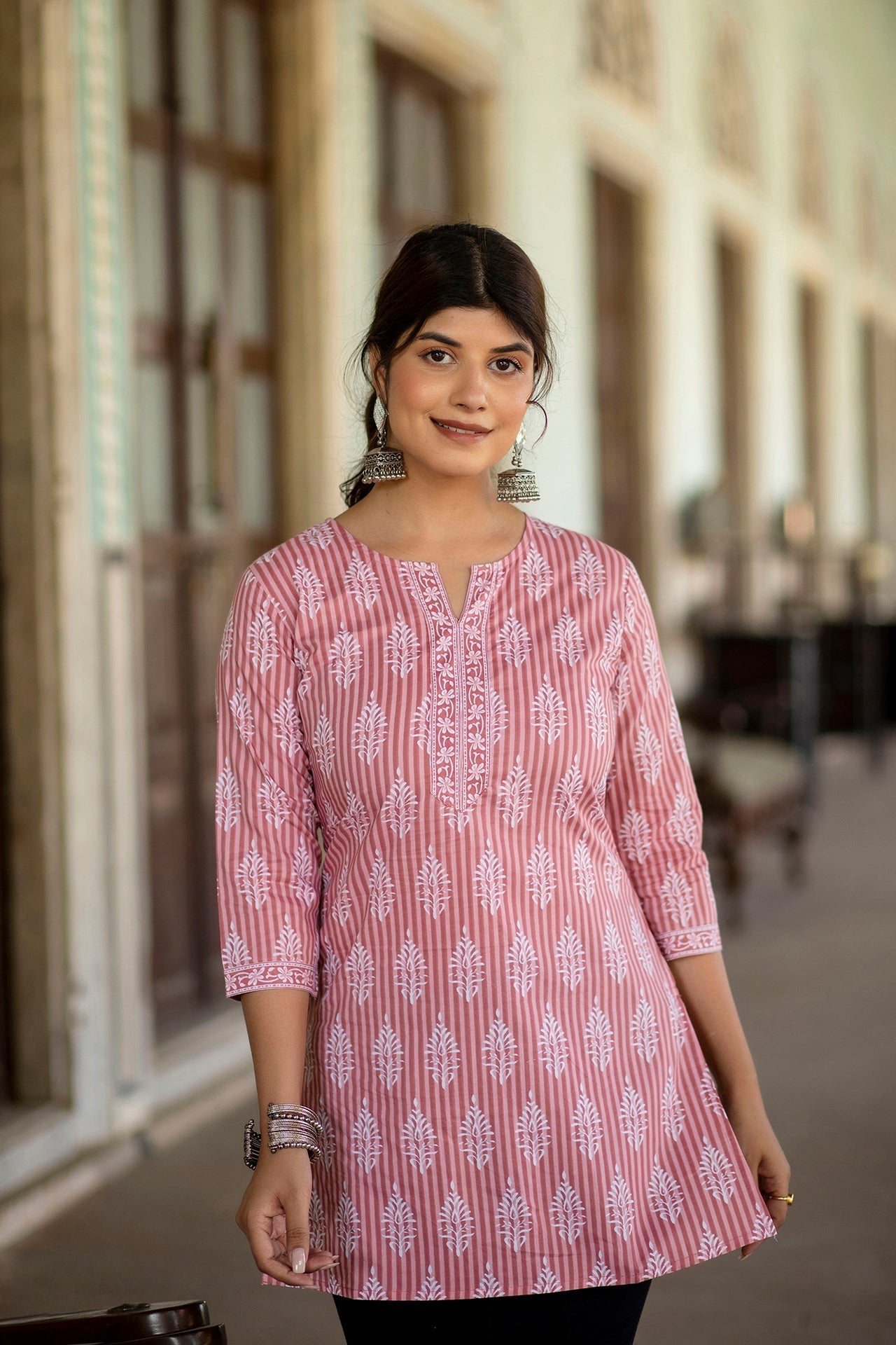 Women's Pink Straight Tunic With Three Quarter Sleeves