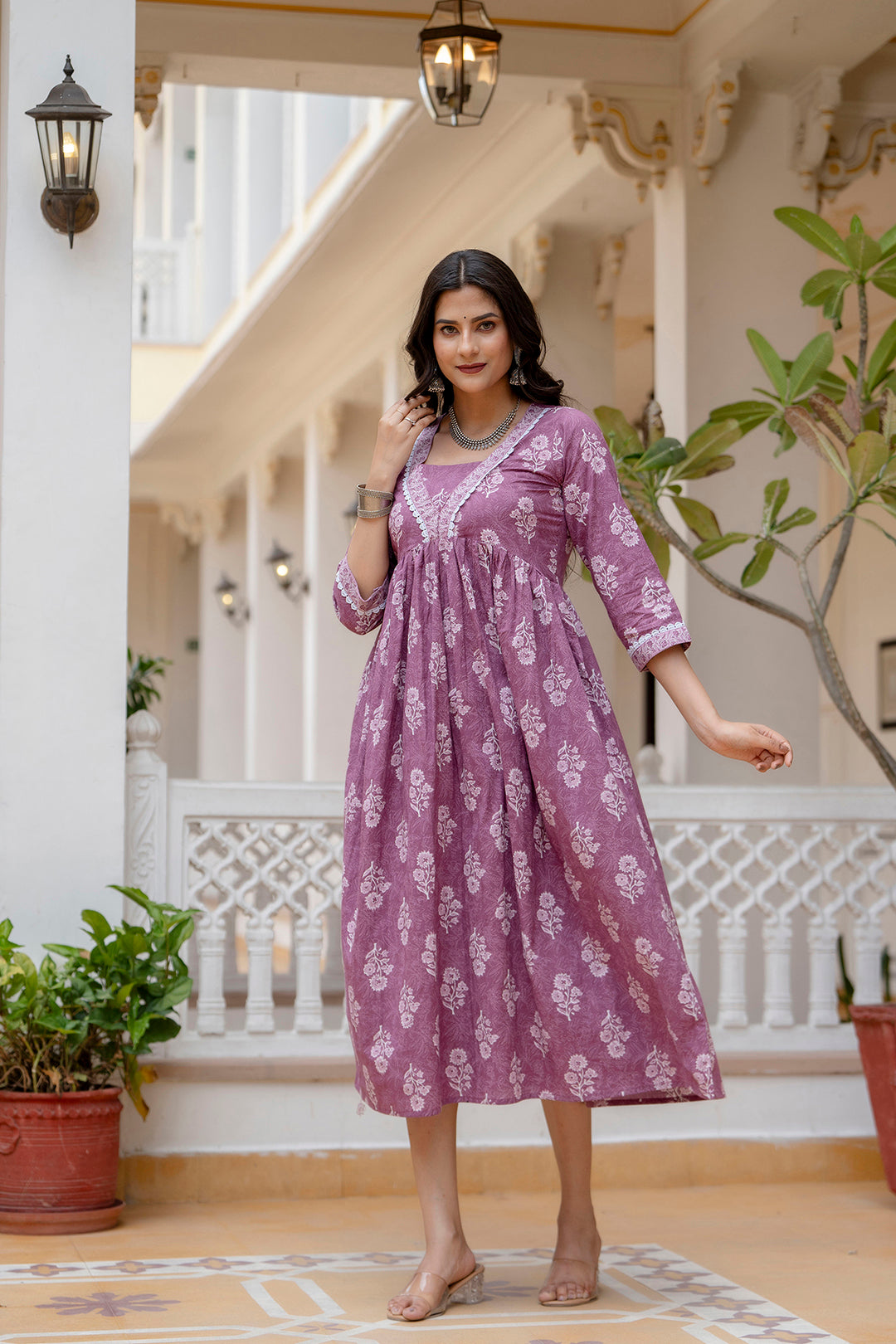Women's Purple Ethnic Printed Flared Dress