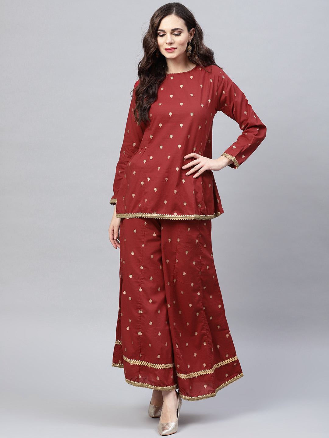 Women's Red And Golden Printed Kurta With Palazzos