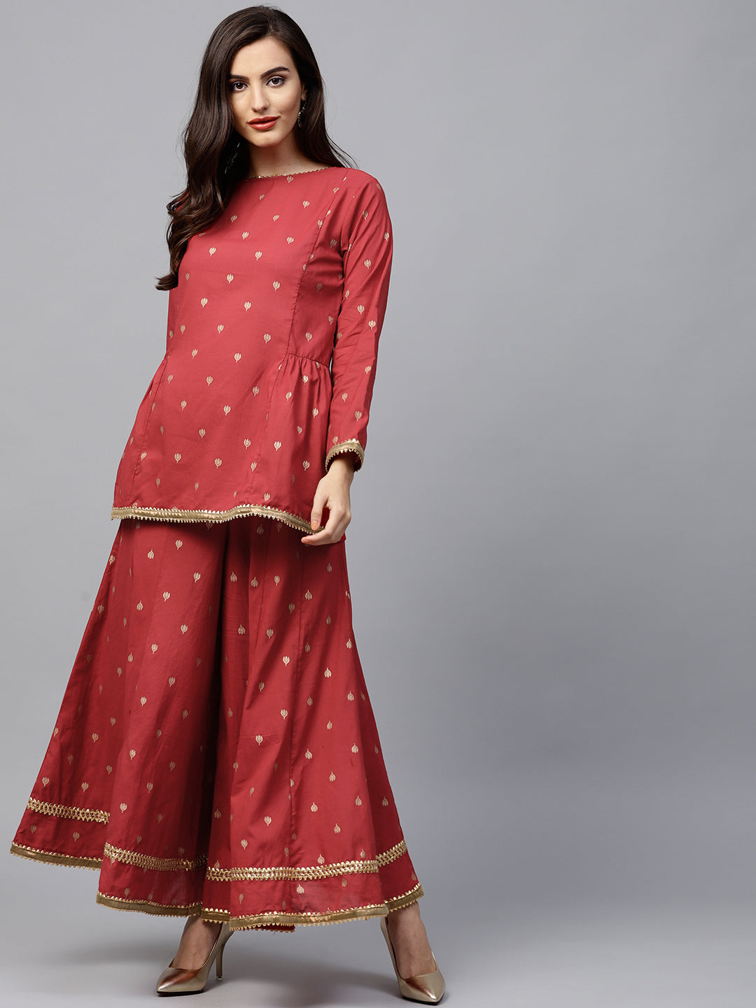 Women's Red And Golden Printed Kurta With Palazzos