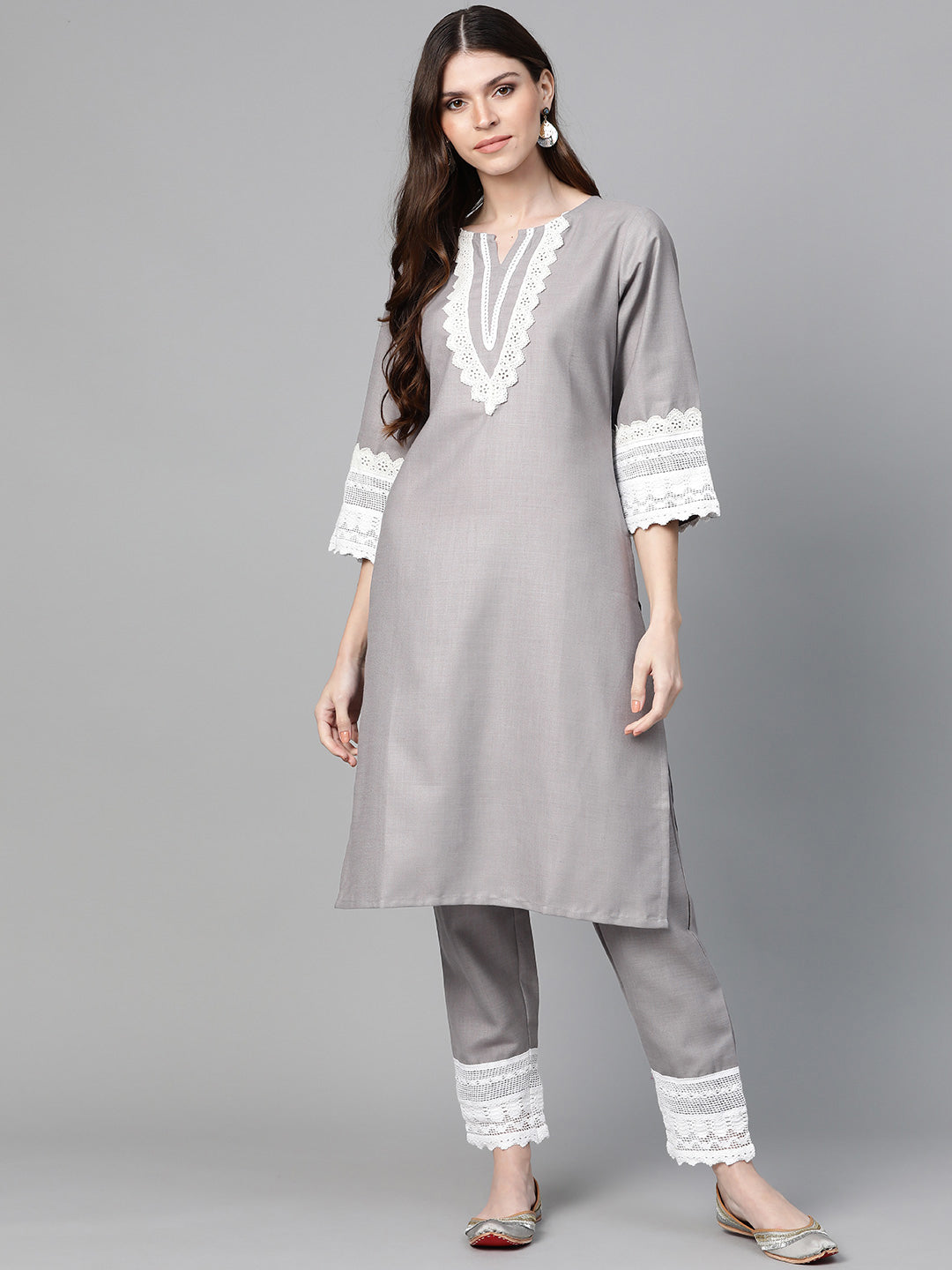 Women's Grey Solid Kurta & Trousers With Lace Insert Detail