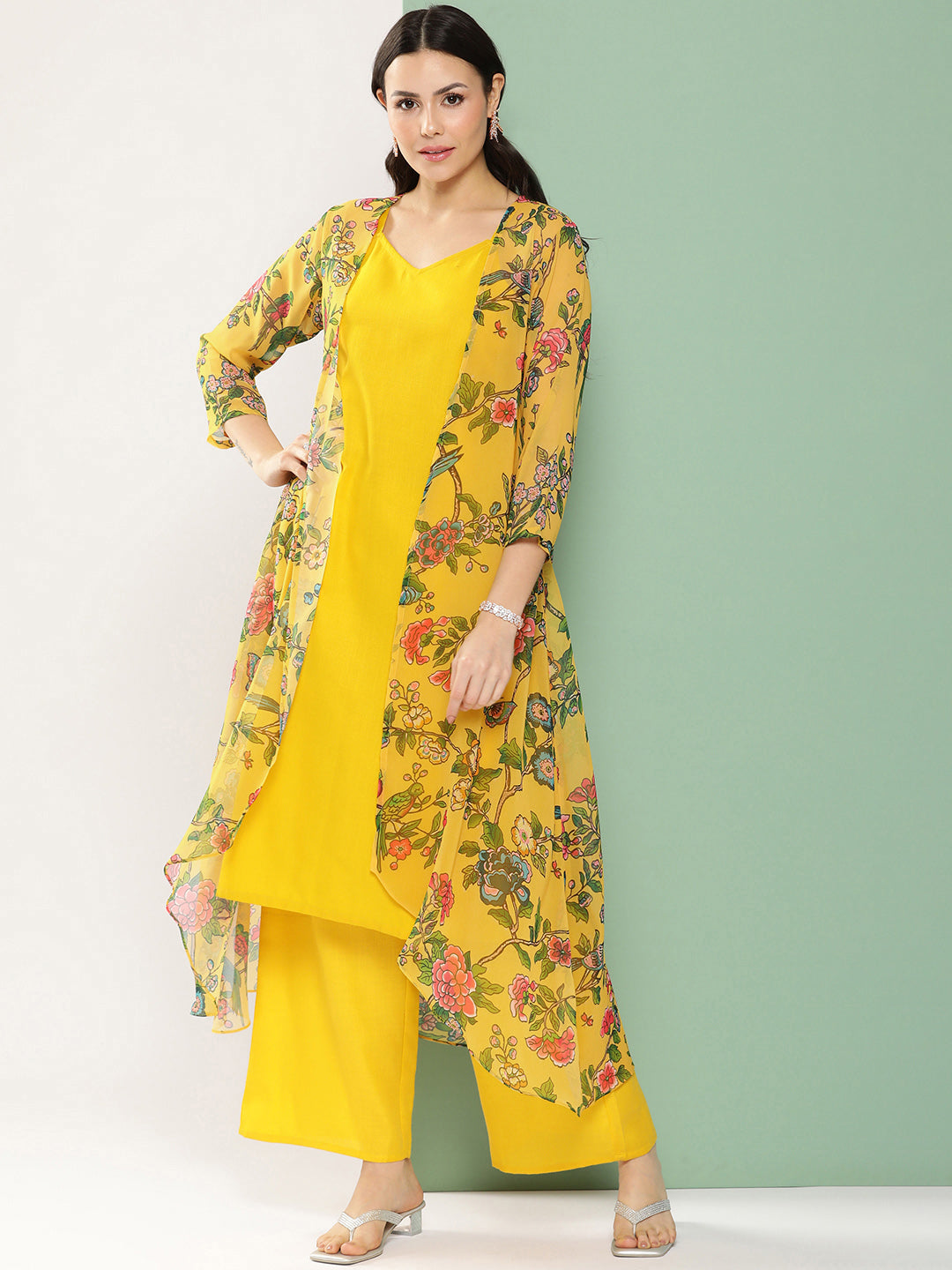 Women's Mustard Floral Printed Jacket, Kurta With Palazzos