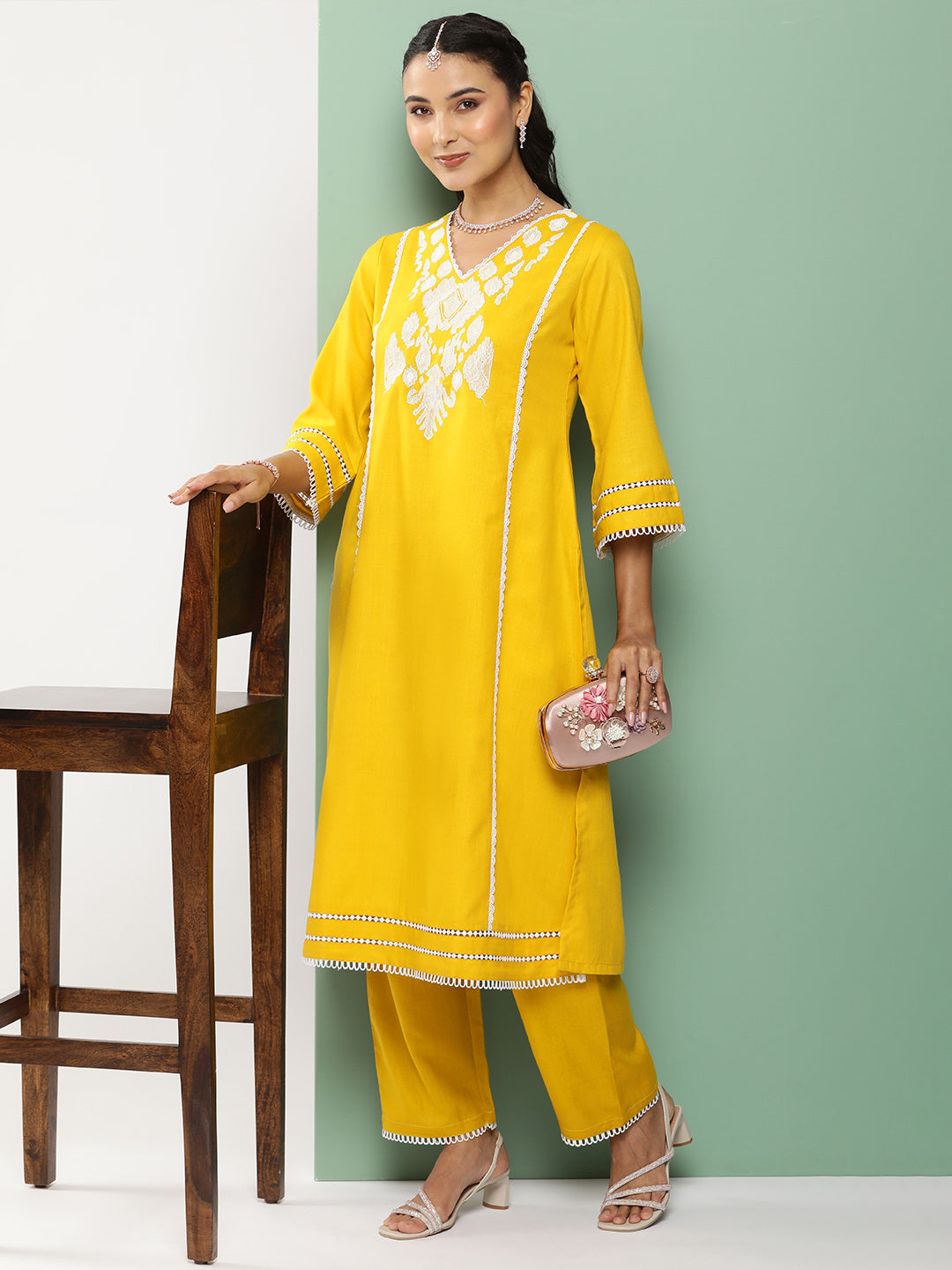Women's Mustard Ikat Embroidered Kurta With Mustard Solid Palazzo