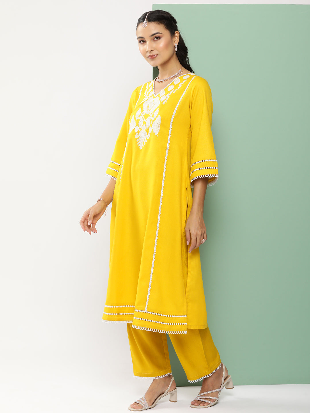 Women's Mustard Ikat Embroidered Kurta With Mustard Solid Palazzo