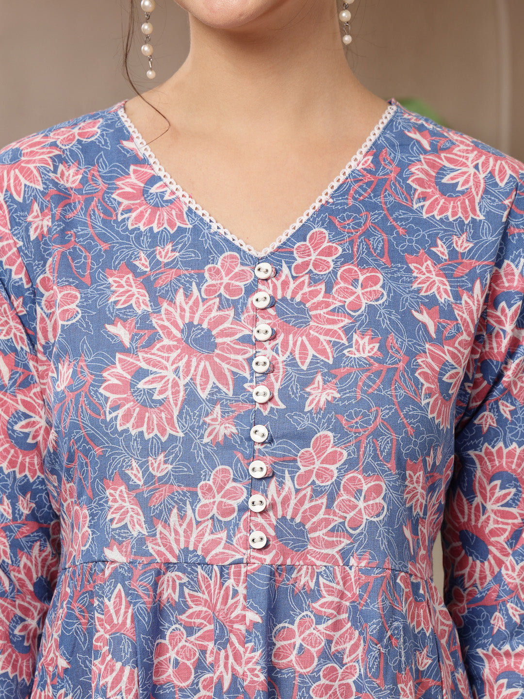 Women's Blue Floral Printed Cotton Flared Dress