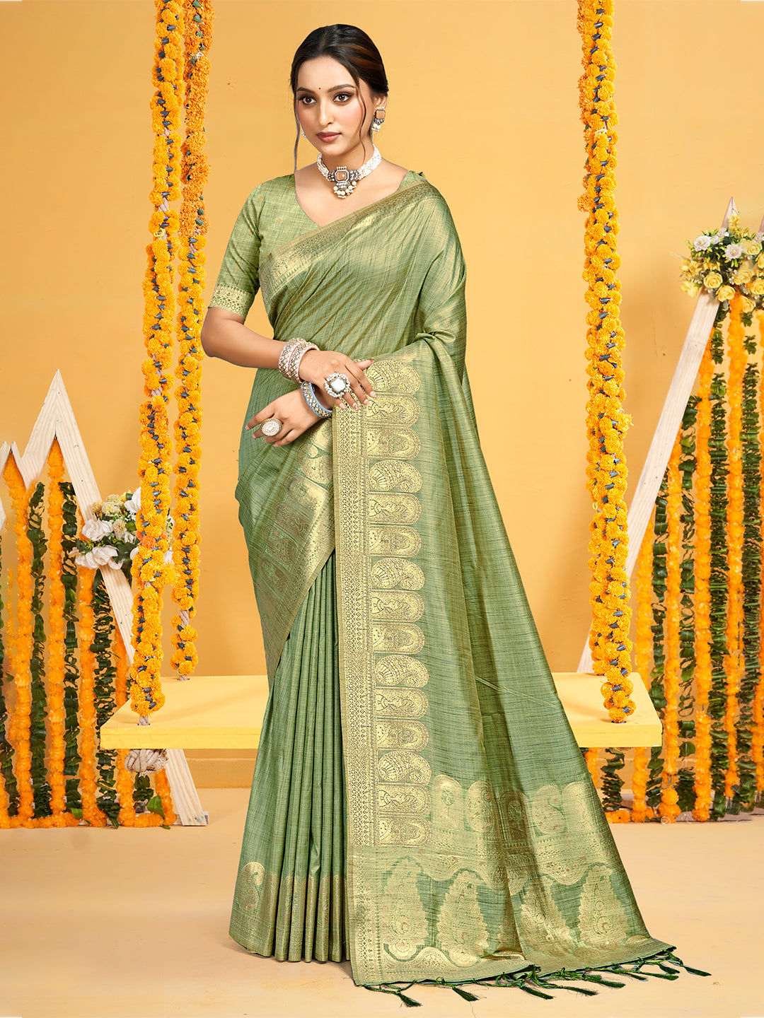 Women's Light Green Assam Silk Woven Work Traditional Saree