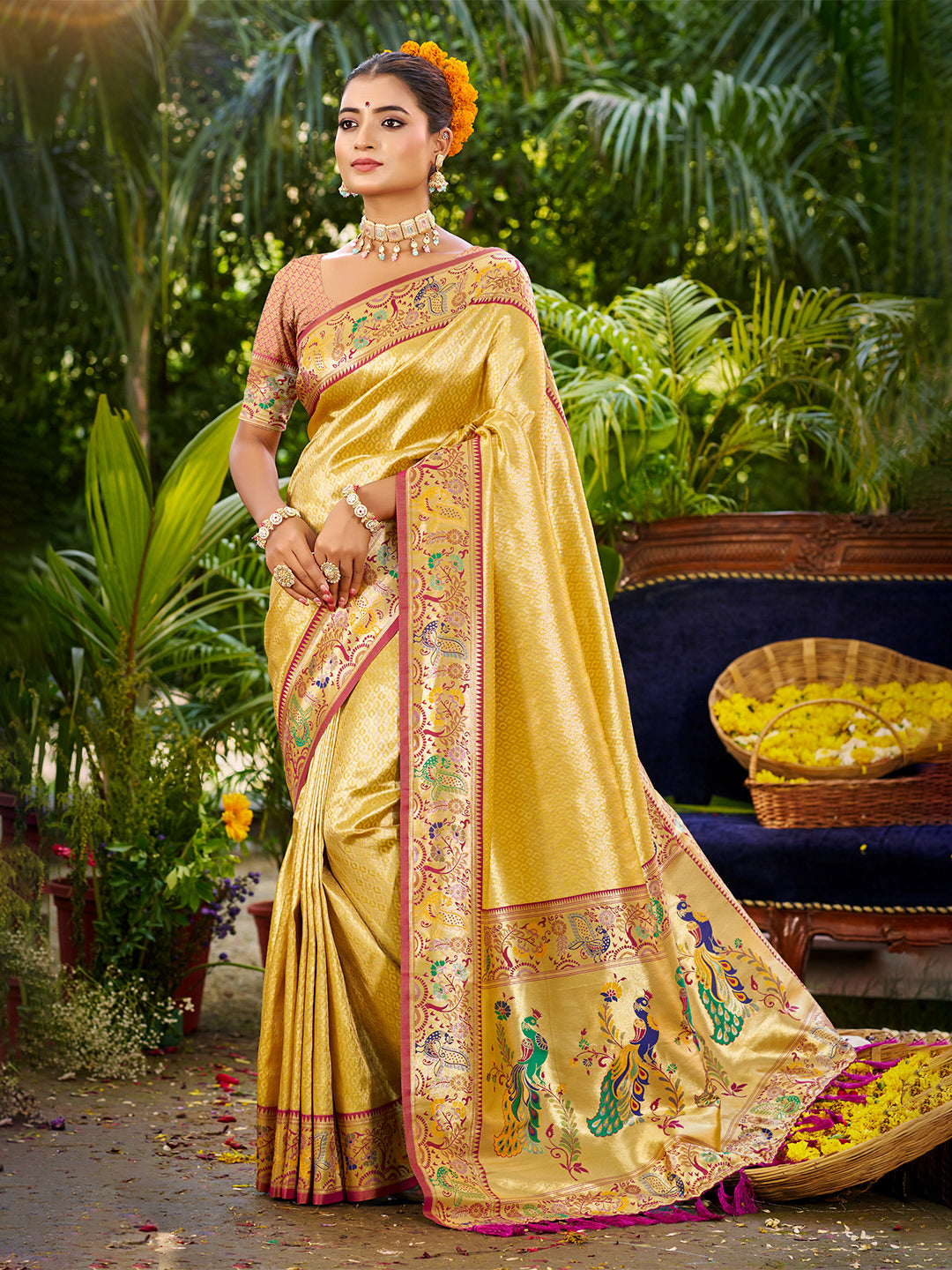 Women's Yellow Silk Woven Work Traditional Saree