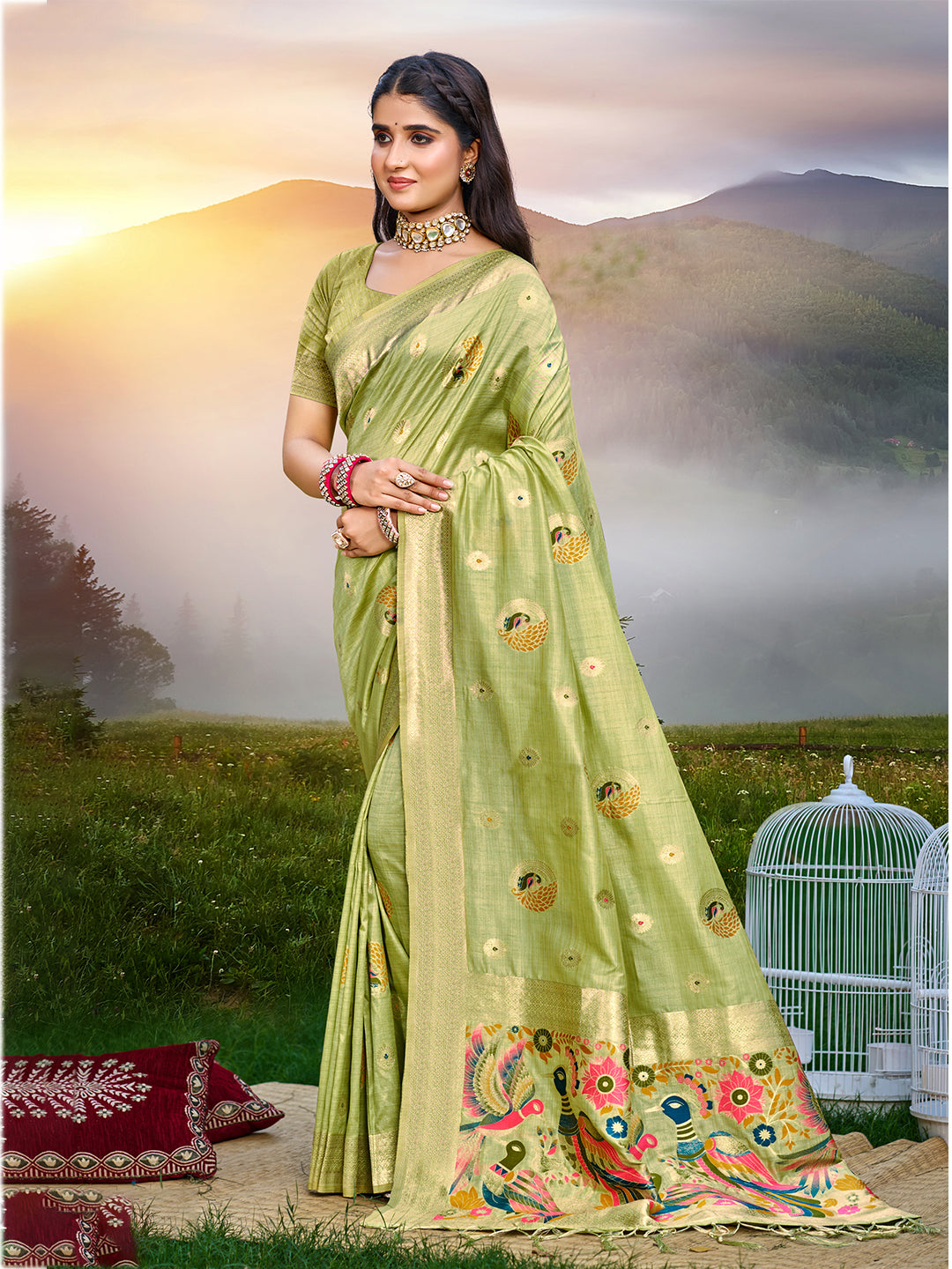 Women's Green Havy Assam Silk Saree With Meena Woven Work Traditional Saree