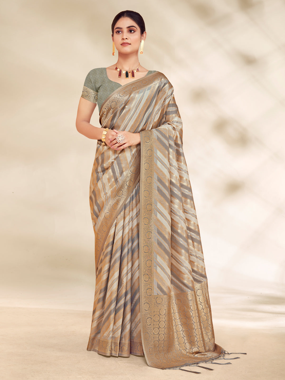 Women's Grey Cotton Thread Work Traditional Tassels Saree