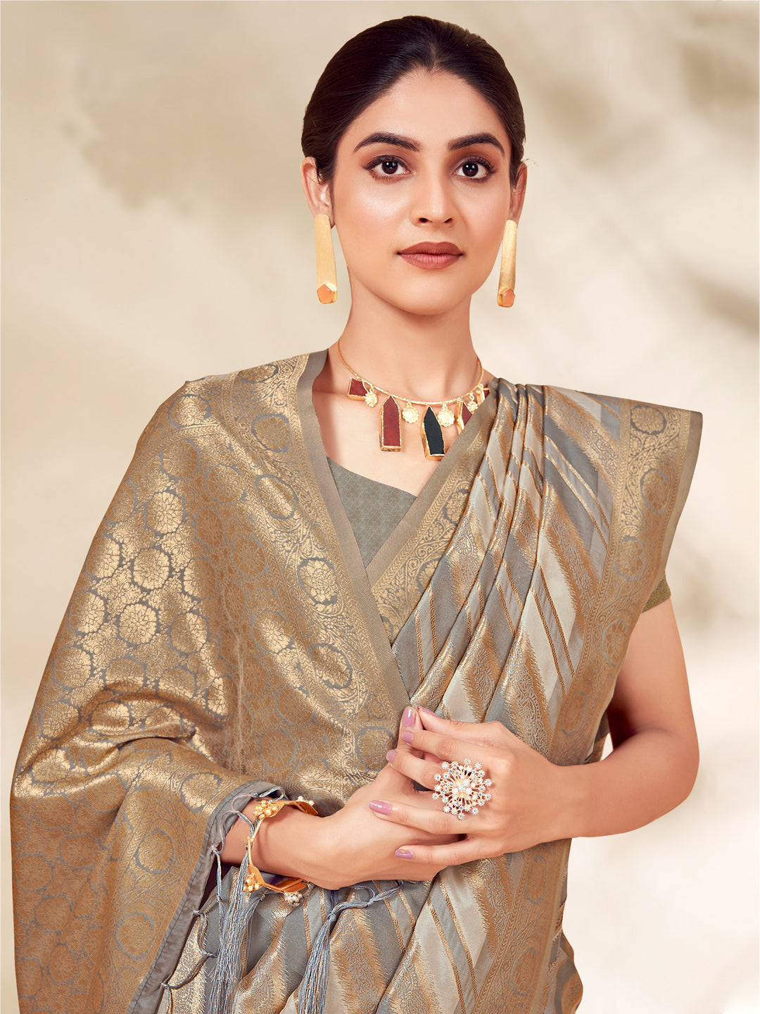 Women's Grey Cotton Thread Work Traditional Tassels Saree