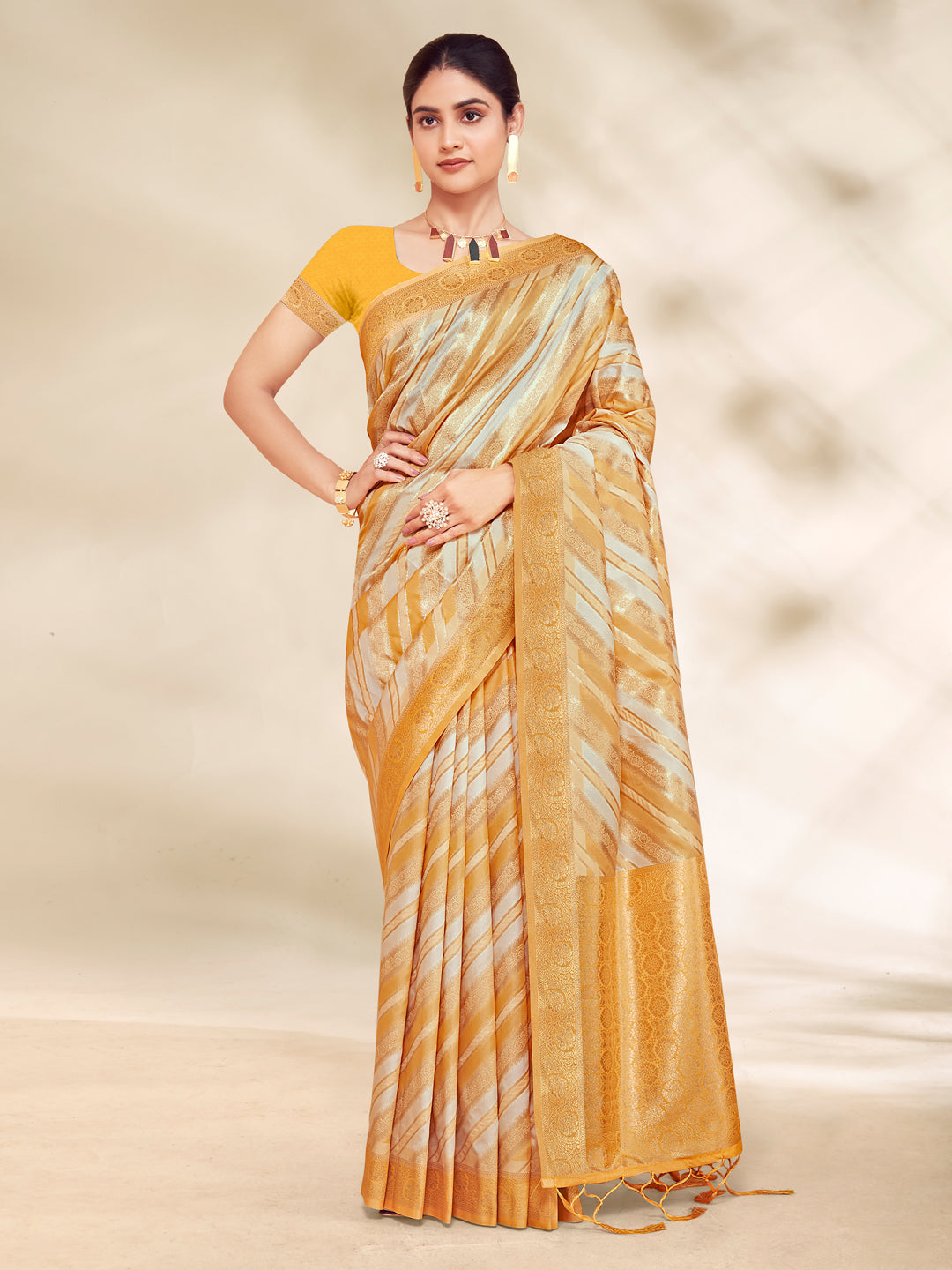 Women's Mustard Cotton Thread Work Traditional Tassels Saree