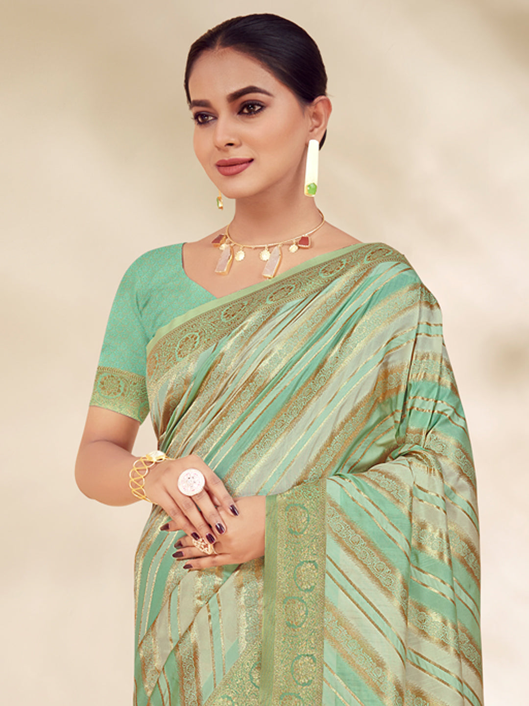 Women's Green Cotton Thread Work Traditional Tassels Saree