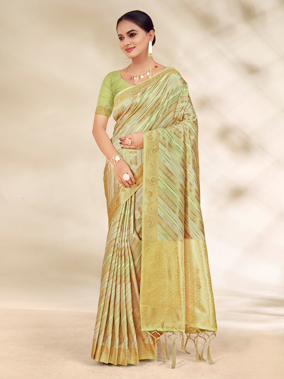 Women's Light Green Cotton Thread Work Traditional Tassels Saree
