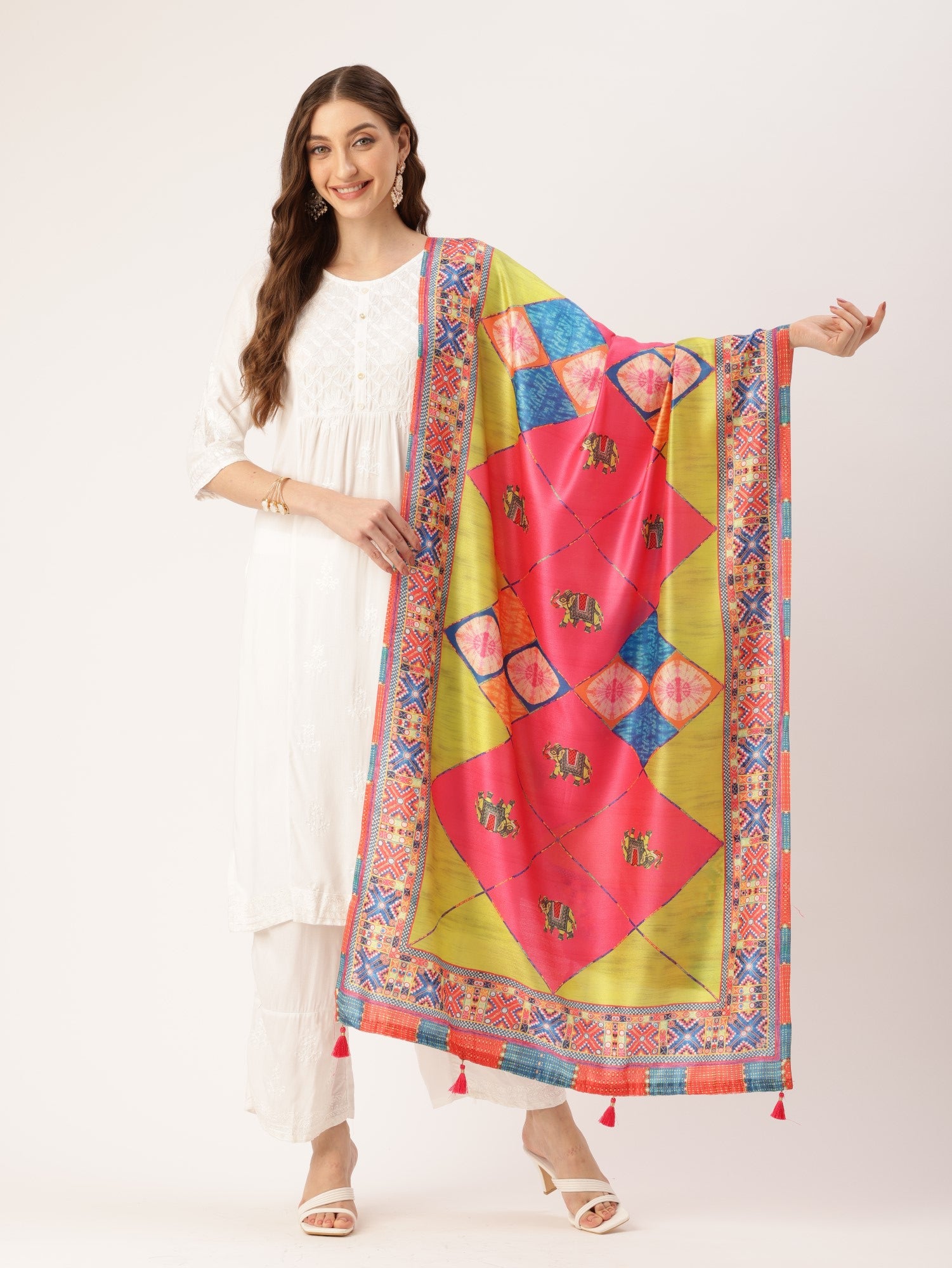 Women's Multi Color Cotton Printed Traditional Tassel Dupatta