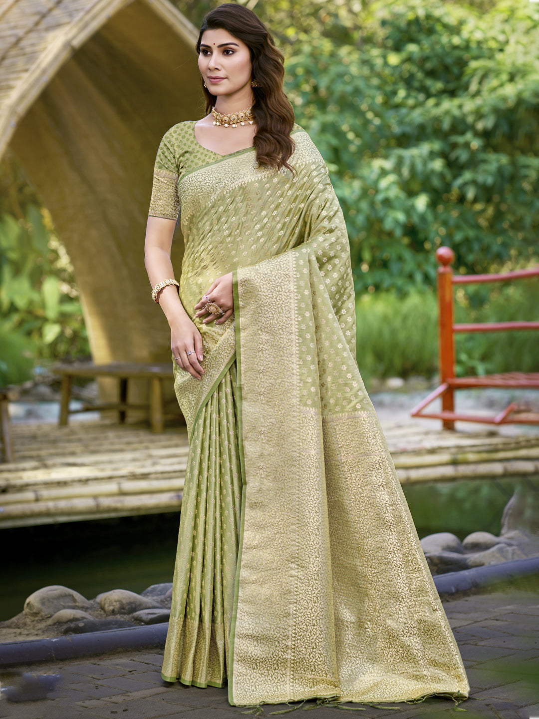 Women's Olive Green Silk Woven Work Saree