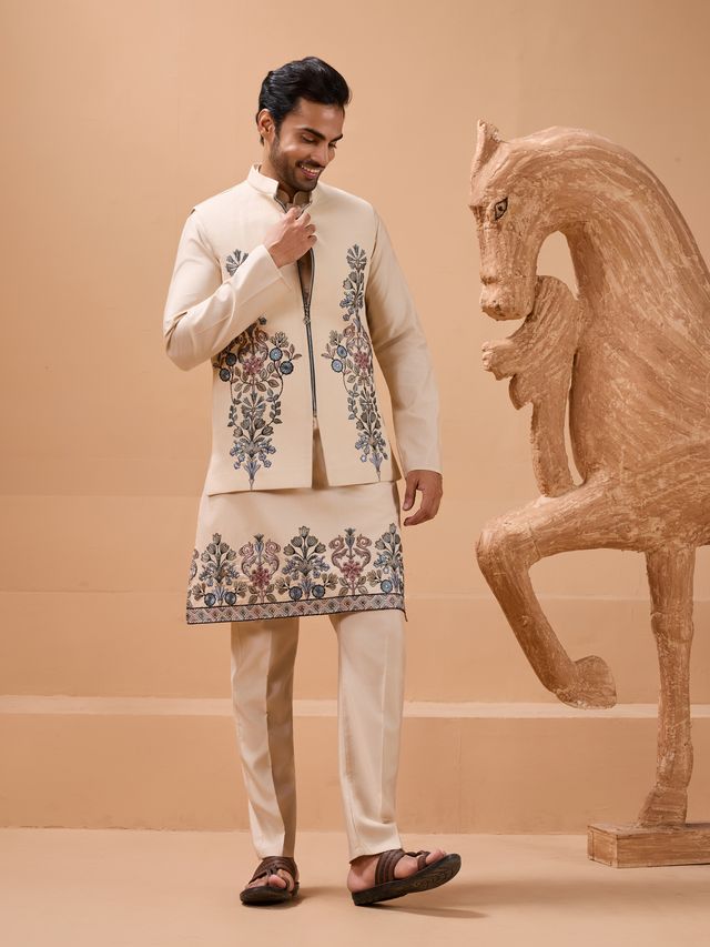Men's Beige Viscose Silk Multi Thread With Sequence Embroidered Work Kurta Set