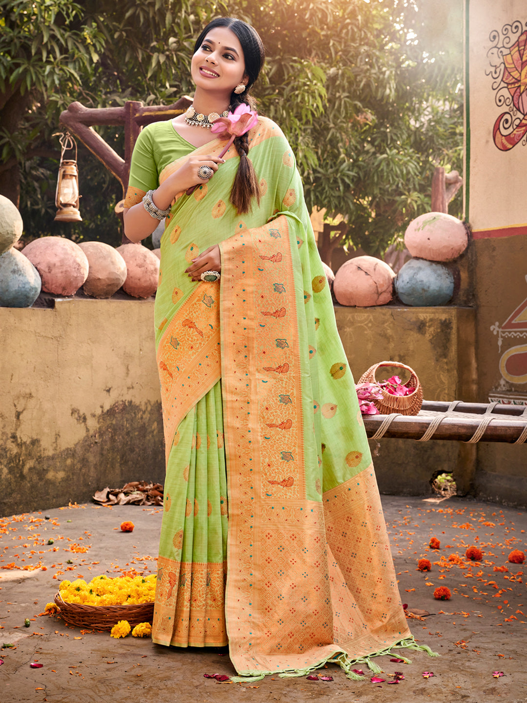 Women's Light Green Silk Woven Work Traditional Tassels Saree