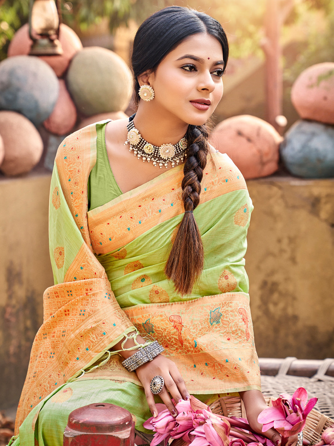 Women's Light Green Silk Woven Work Traditional Tassels Saree