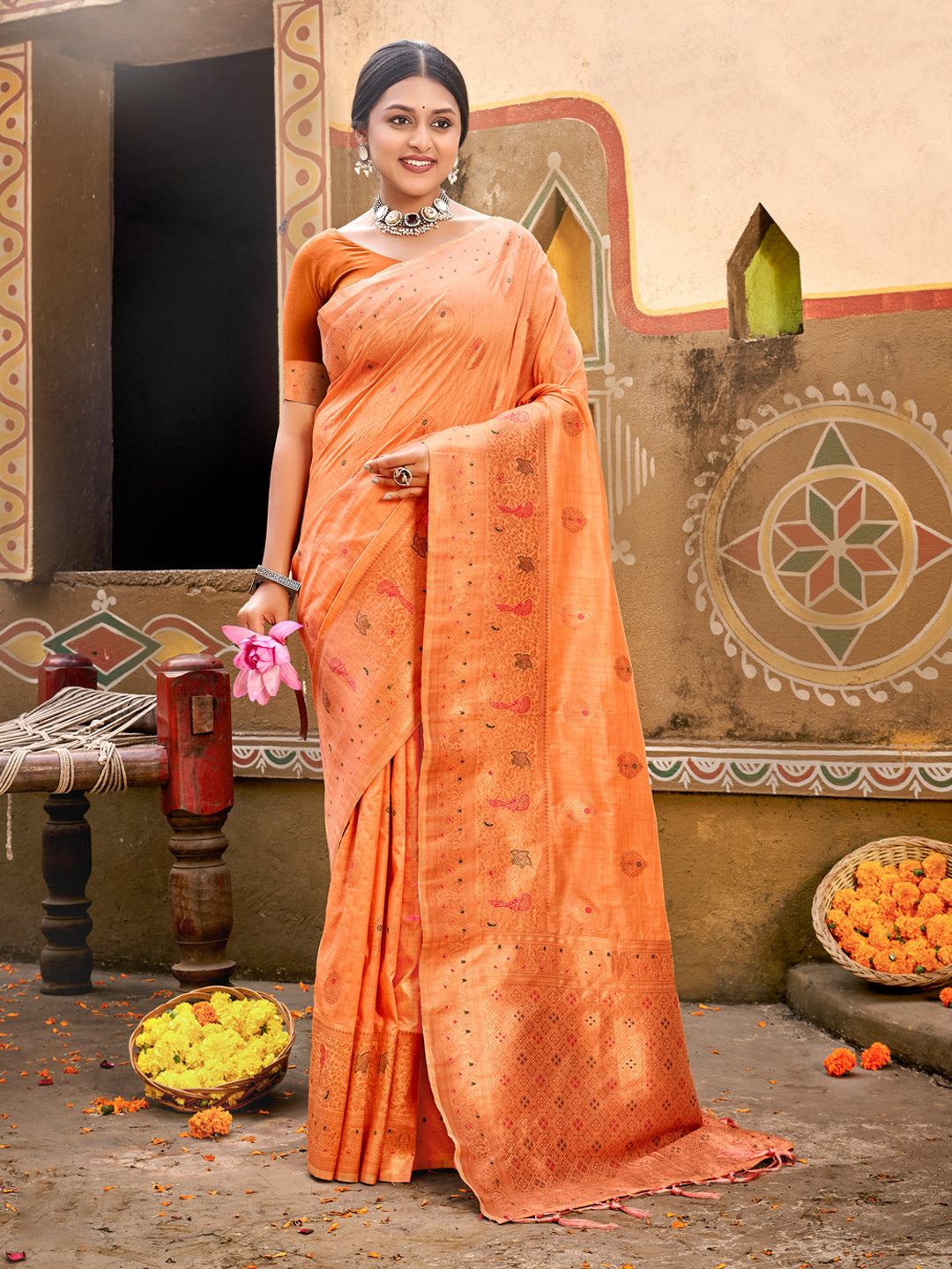 Women's Peach Silk Woven Work Traditional Tassels Saree