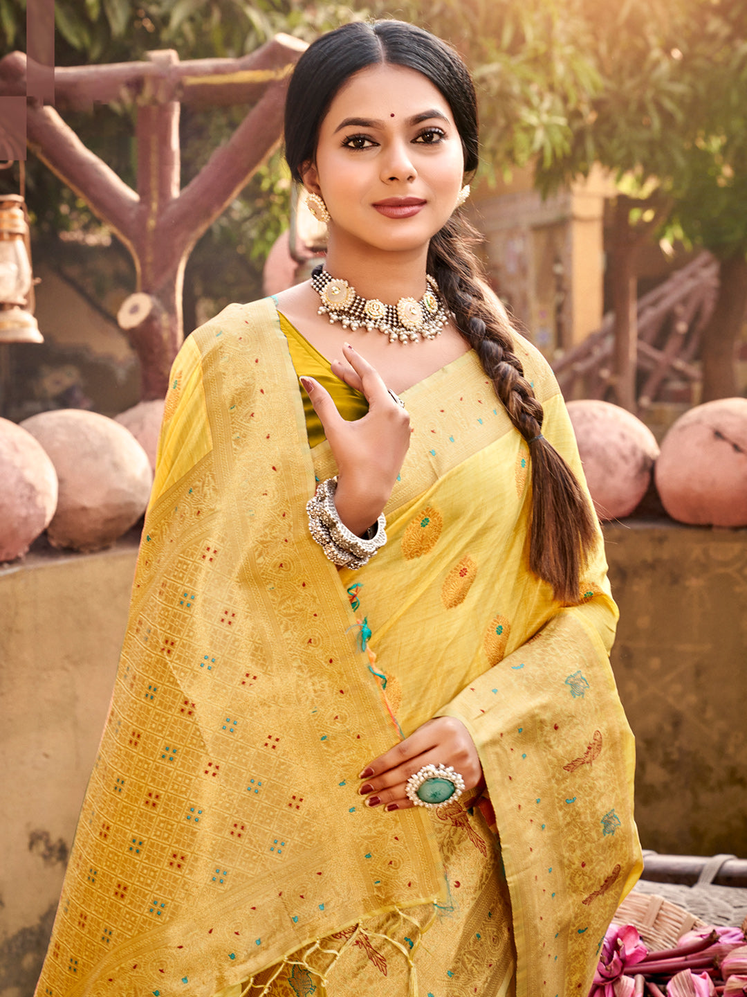 Women's Yellow Silk Woven Work Traditional Tassels Saree