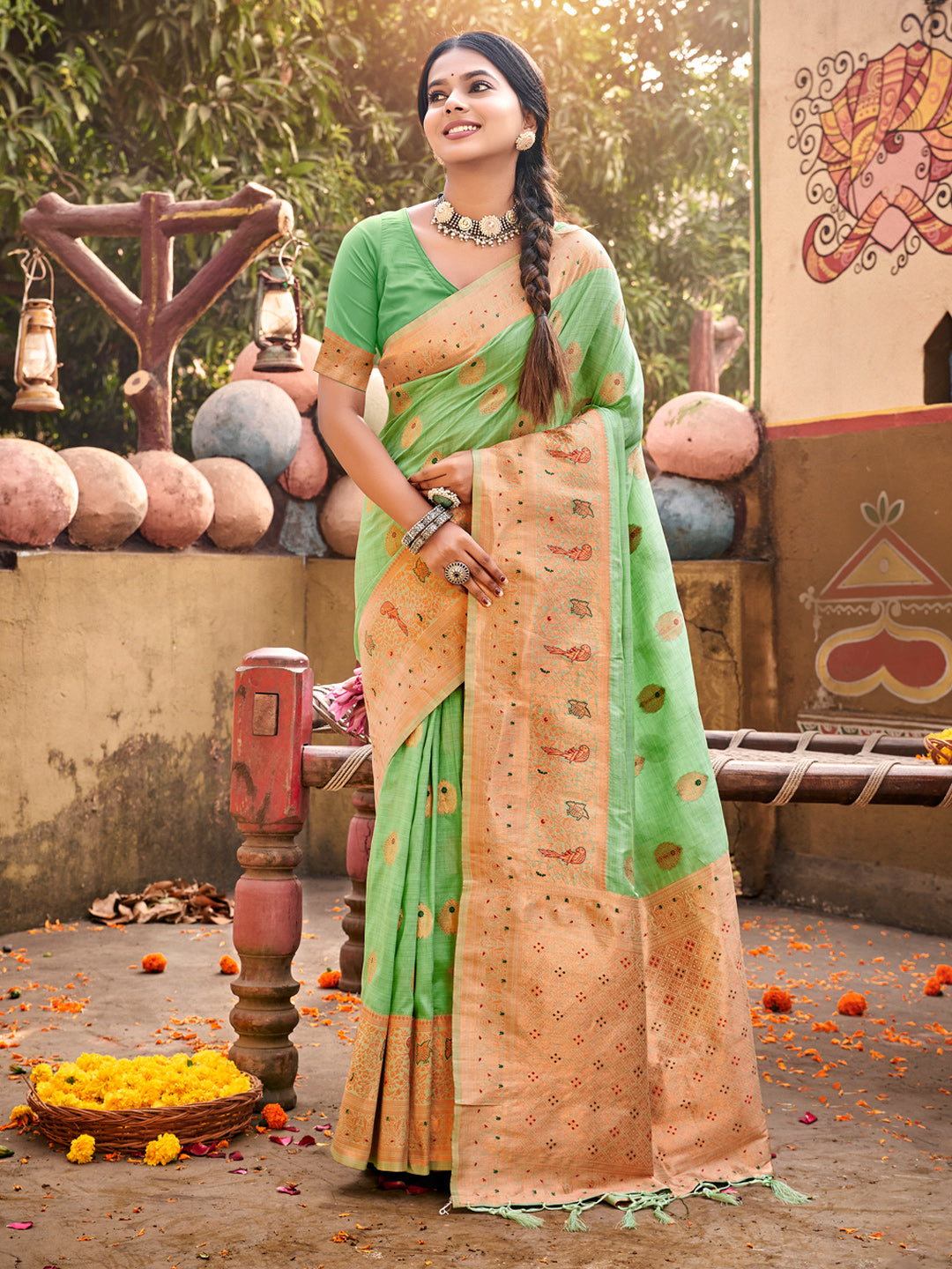 Women's Green Silk Woven Work Traditional Tassels Saree