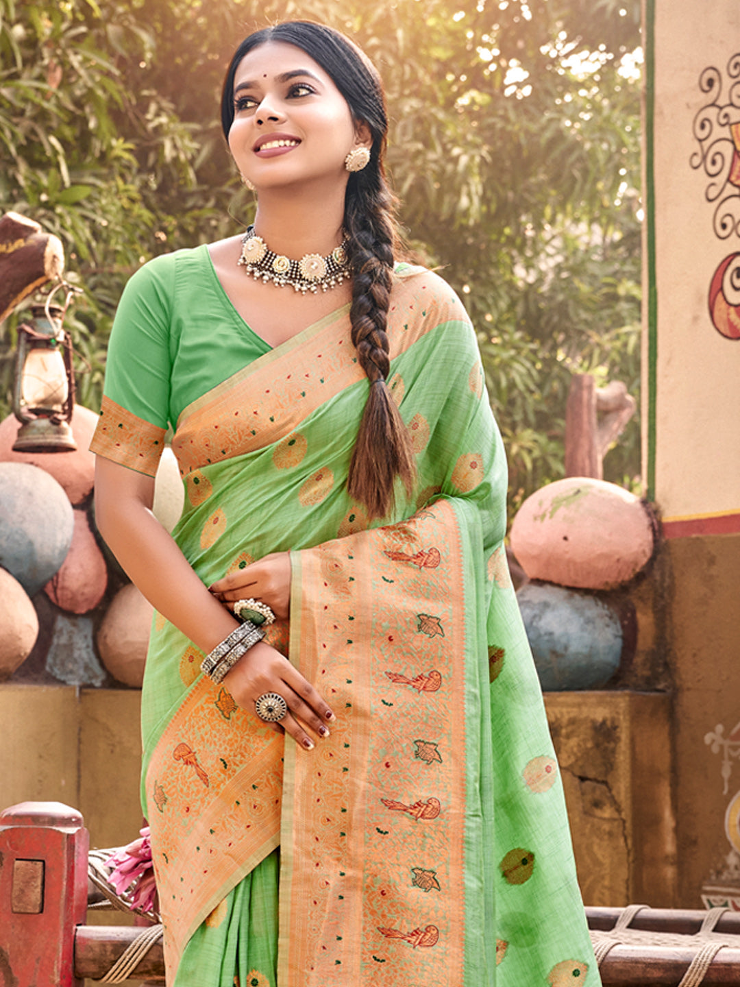 Women's Green Silk Woven Work Traditional Tassels Saree