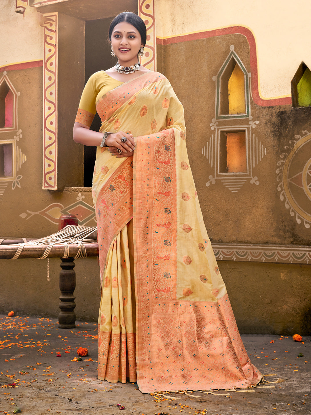Women's Cream Silk Woven Work Traditional Tassels Saree