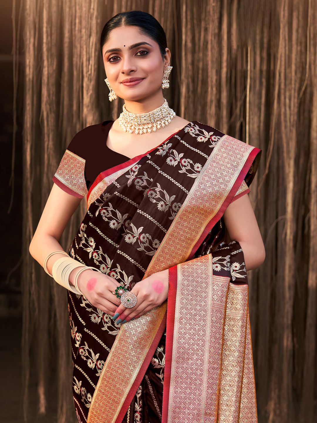 Women's Brown Stain Silk Woven Work Traditional Tassels Saree