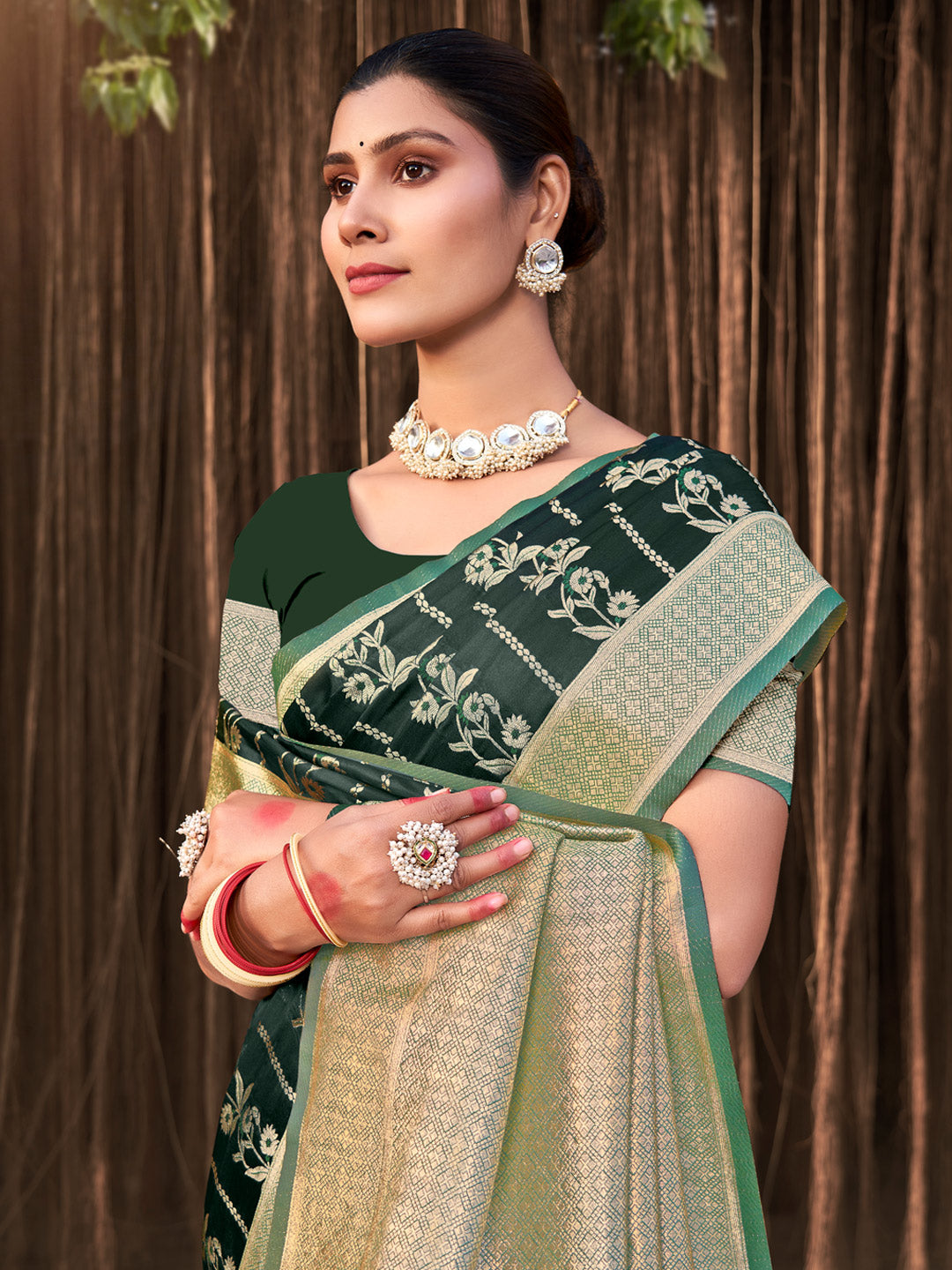 Women's Dark Green Stain Silk Woven Work Traditional Tassels Saree