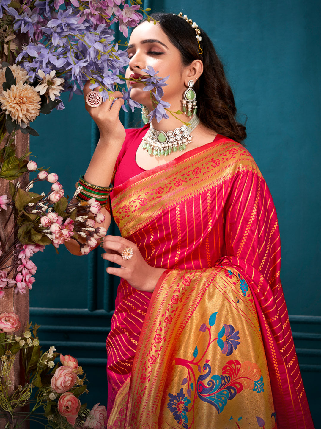Women's Pink Paithani Silk Woven Work Traditional Tassels Saree