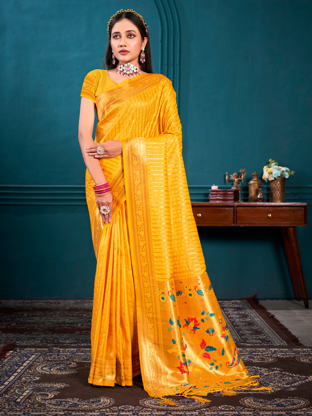 Women's Mustard Paithani Silk Woven Work Traditional Tassels Saree