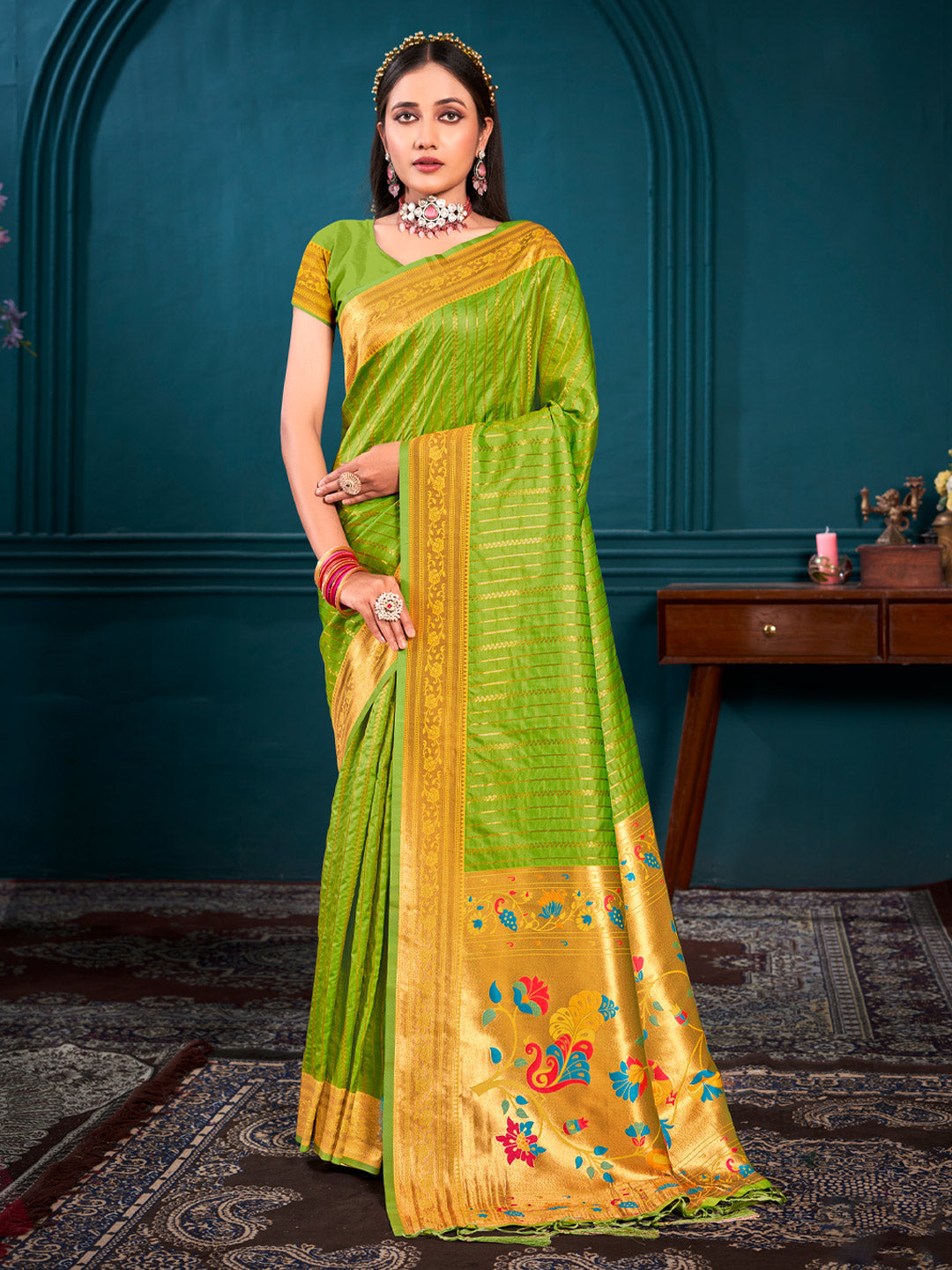 Women's Parrot Green Paithani Silk Woven Work Traditional Tassels Saree