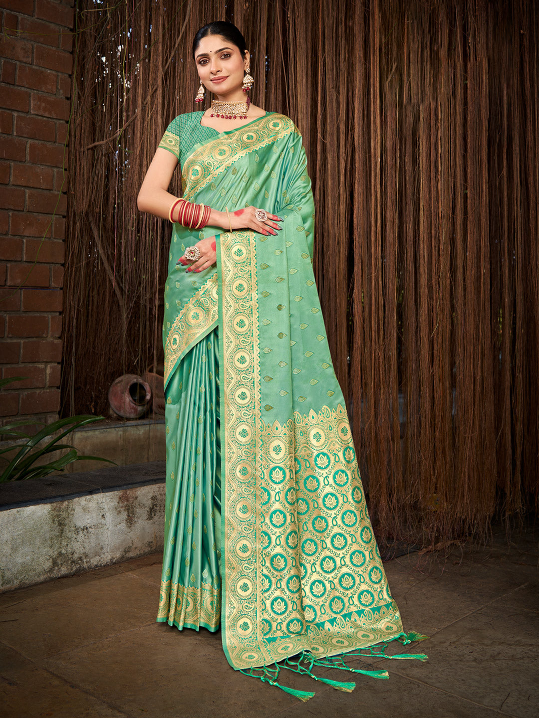 Women's Rama Green Stain Silk Woven Work Traditional Tassels Saree