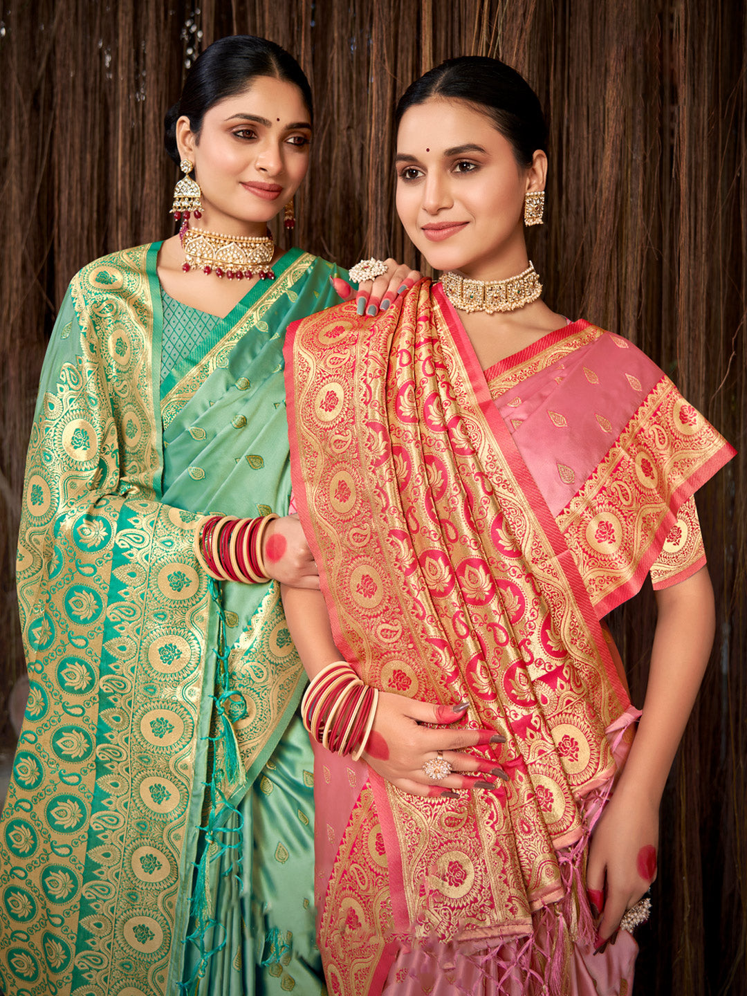 Women's Rama Green Stain Silk Woven Work Traditional Tassels Saree