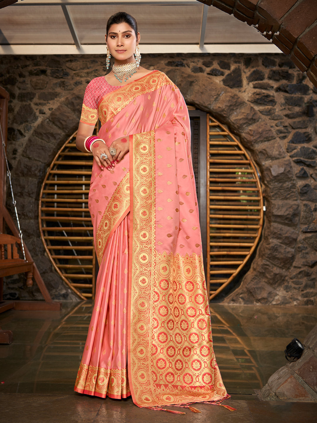 Women's Peach Stain Silk Woven Work Traditional Tassels Saree