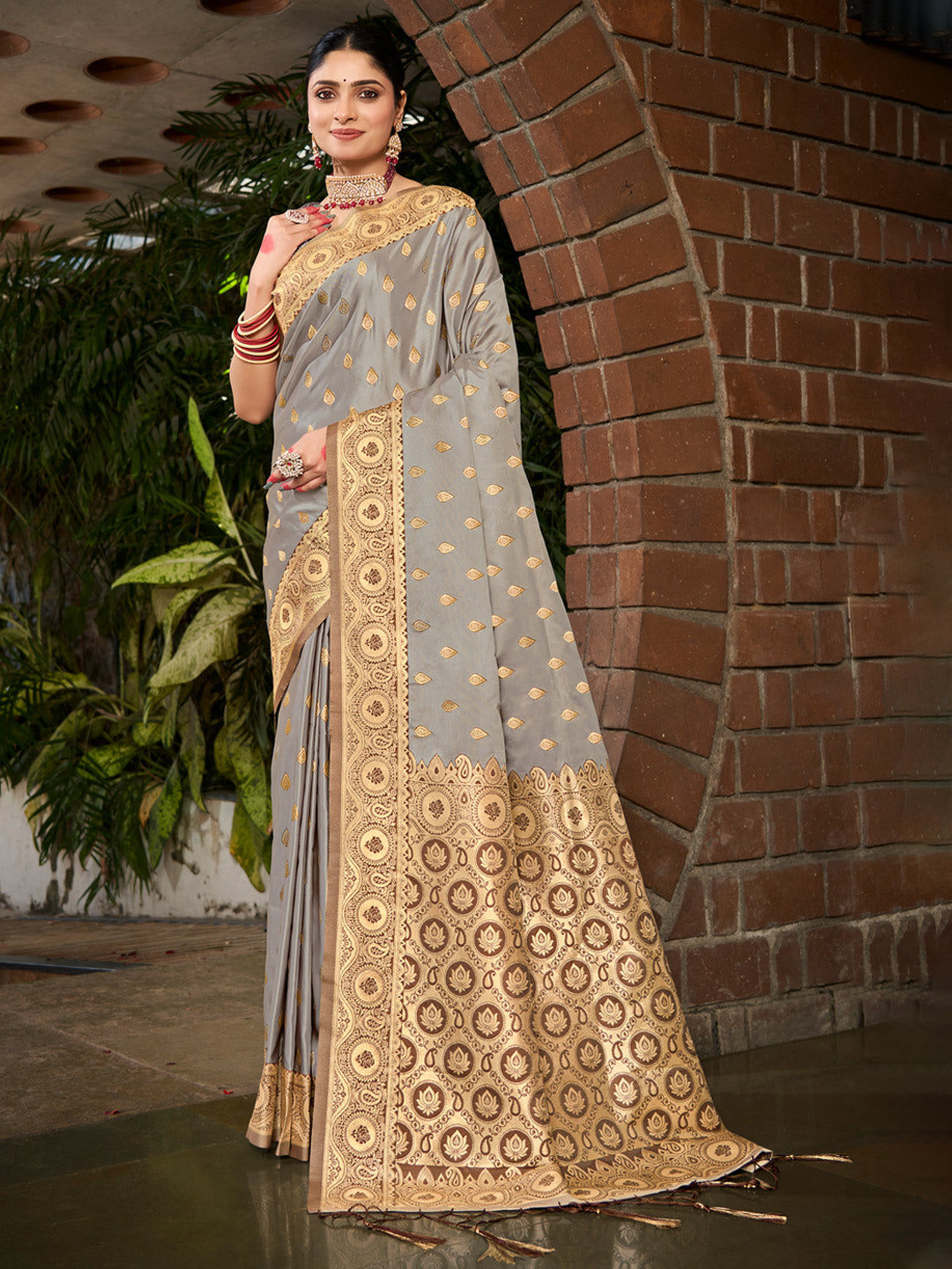 Women's Grey Stain Silk Woven Work Traditional Tassels Saree